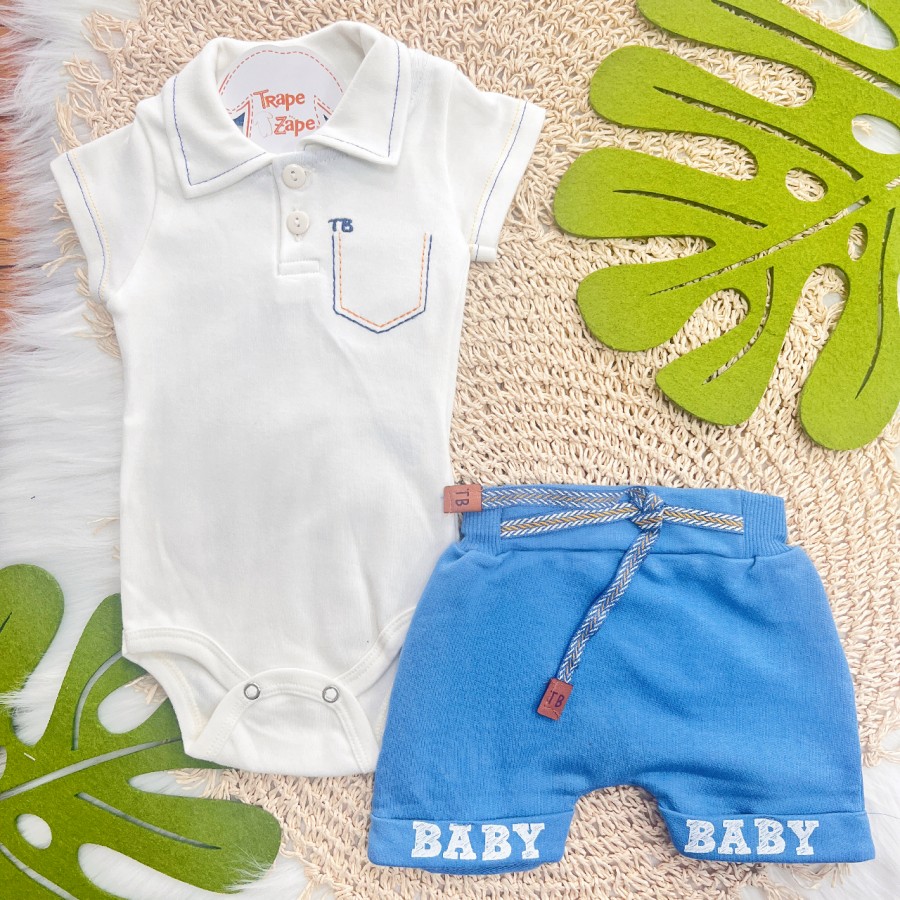 Conj. Body Bolsinho Bordado e Bermuda Saruel Baby - Off White e Azul Claro